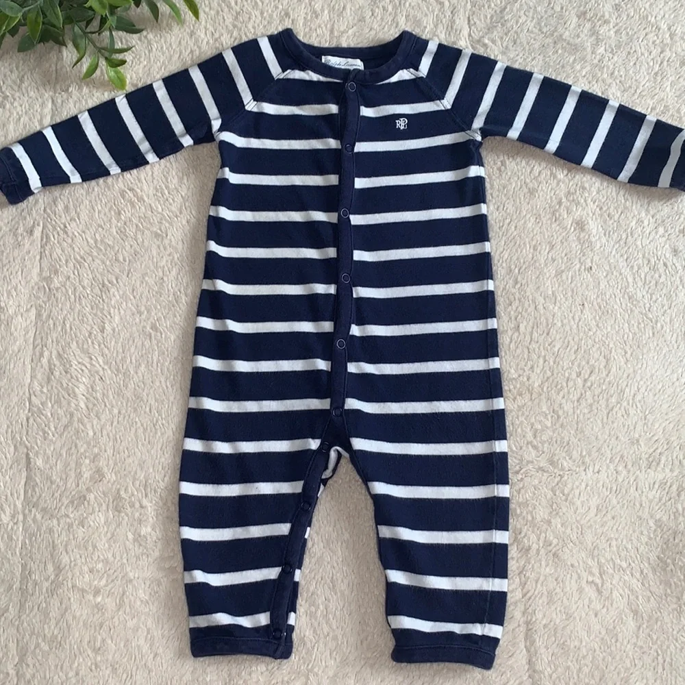Ralph Lauren 6M Navy Blue & White Stripe Romper EUC Coverall